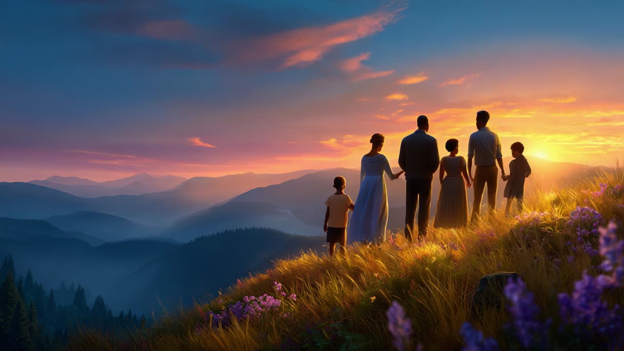 A family enjoying a beautiful sunset in the mountains