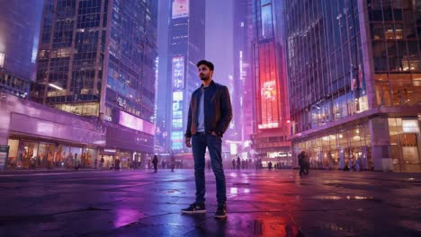 a man in a city at night