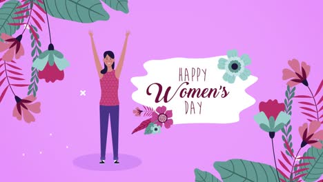 happy womens day lettering card with woman celebrating and flowers