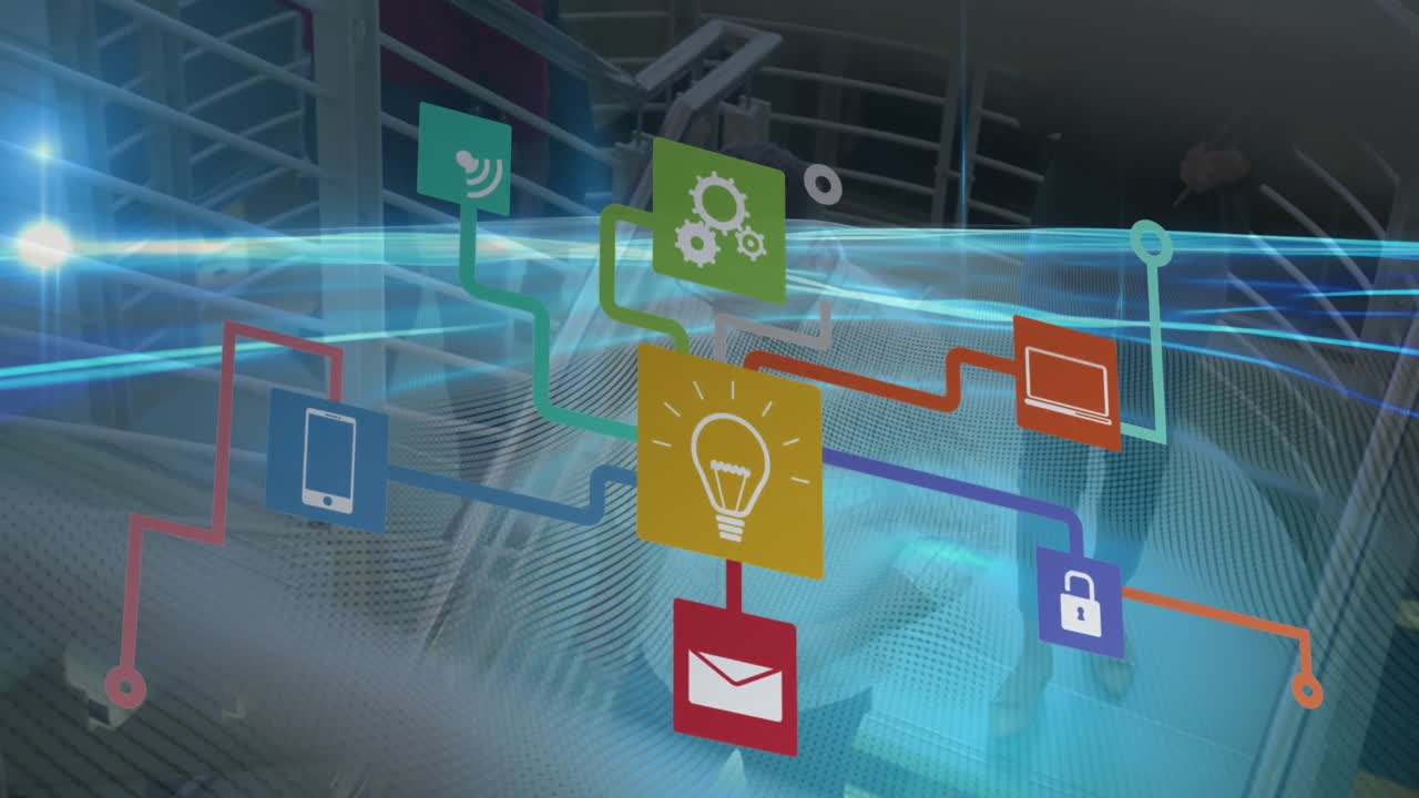 매체 아이콘의 애니메이션이 사업가들이 걸어가고 있습니다.