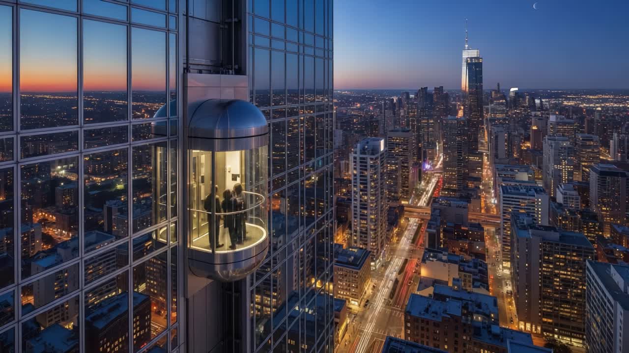 A Captivating View from an Elevator Overlooking the City Skyline at Dusk, Showcasing the Transition from Day to Night with Sparkling Urban Lights