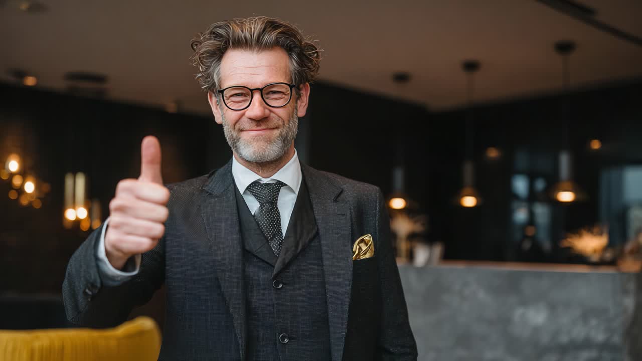 Confident Businessman Posing with a Thumbs Up Gesture in a Modern, Elegant Lobby Setting, Exuding Professionalism and Charisma
