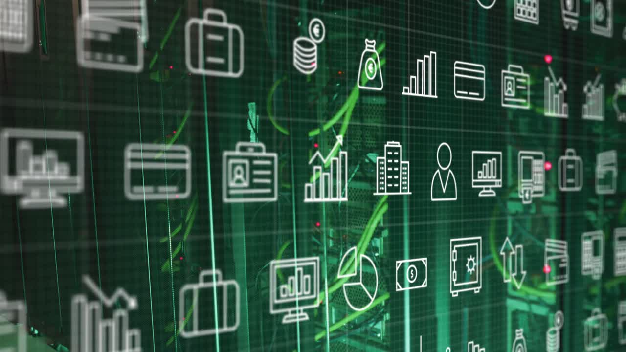animación de la interfaz con iconos digitales contra el primer plano de un servidor de computadora