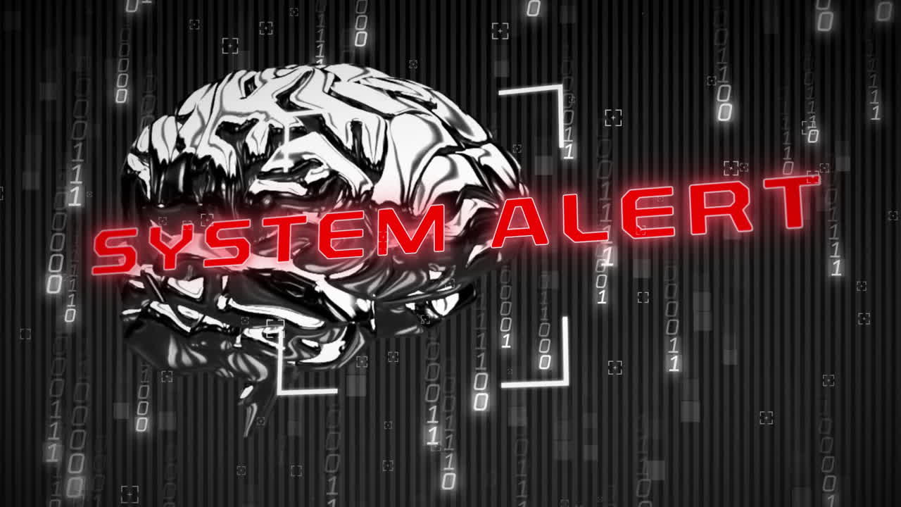 System alert text animation over digital brain and binary code background