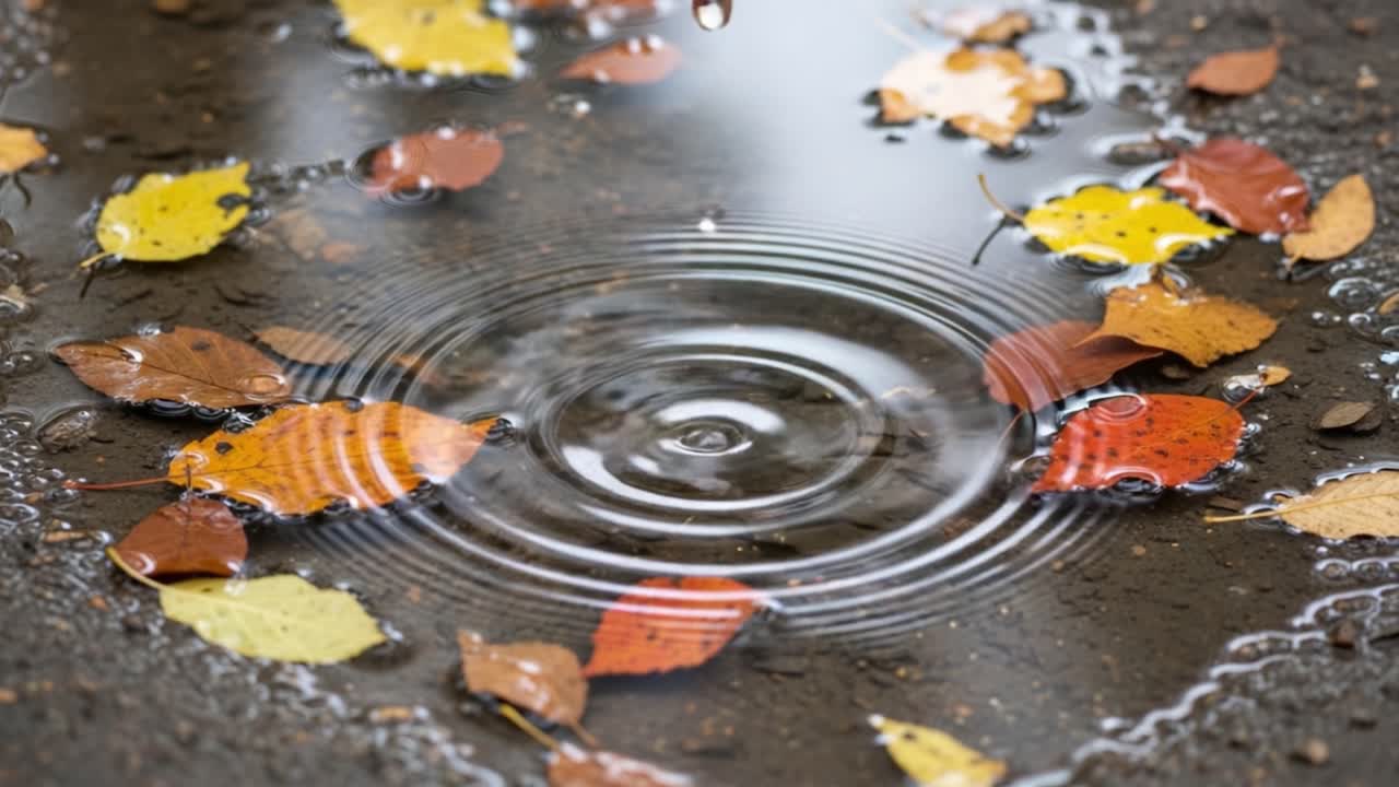 A peaceful autumn scene featuring colorful leaves floating atop a water puddle, with ripples emanating from a drop falling gracefully into the water