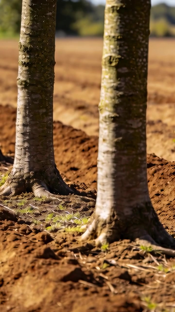 Vertical video: Panning camera revealing two deciduous trunks at field edge to show exposed roots