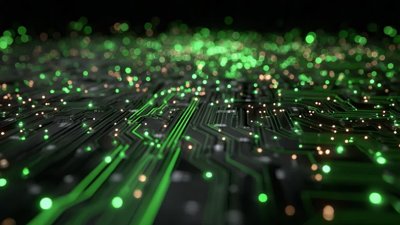 A Futuristic View of a Circuit Board with Luminous Green Lights and Intricate Pathways, Showcasing Advanced Technology and Complexity in Electronic Design