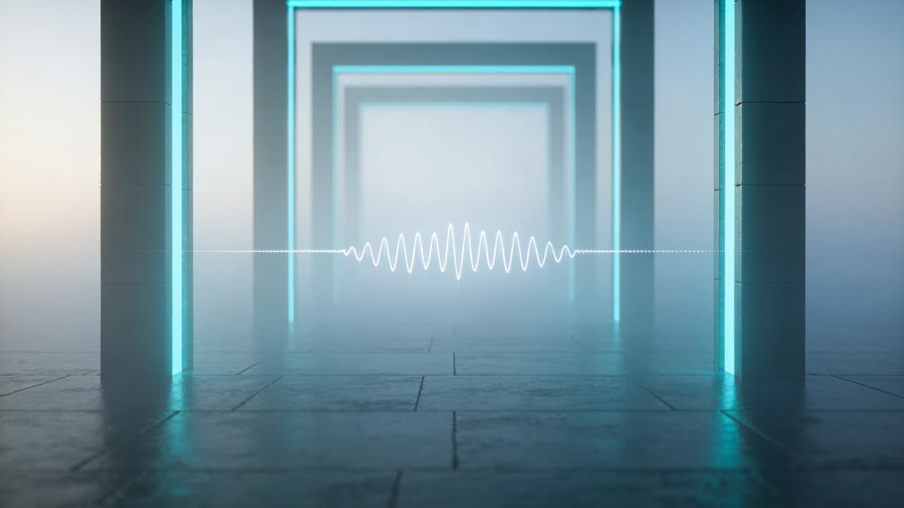 Central bølgeform reagerer på musik, vokser, når sit højdepunkt og svinder, mens neonbuer pulserer i en neongang.