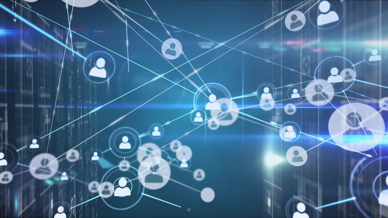 Digital animation of network of connections and spots of lights against blue background