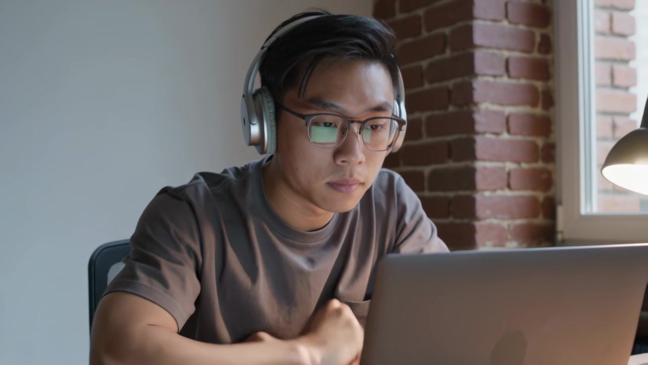 Putting adult Asian man adjusting over-ear headphones at desk by window, preparing for laptop work