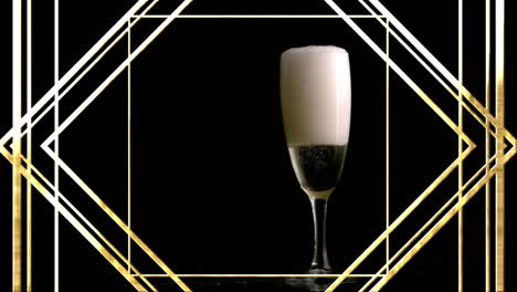 animation of shapes over glass of champagne on black background