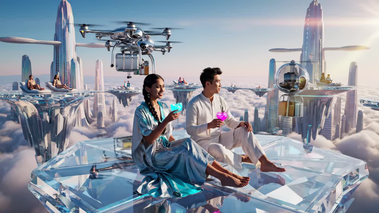 Futuristic Cityscape with Drone Delivery and People Enjoying Cocktails
