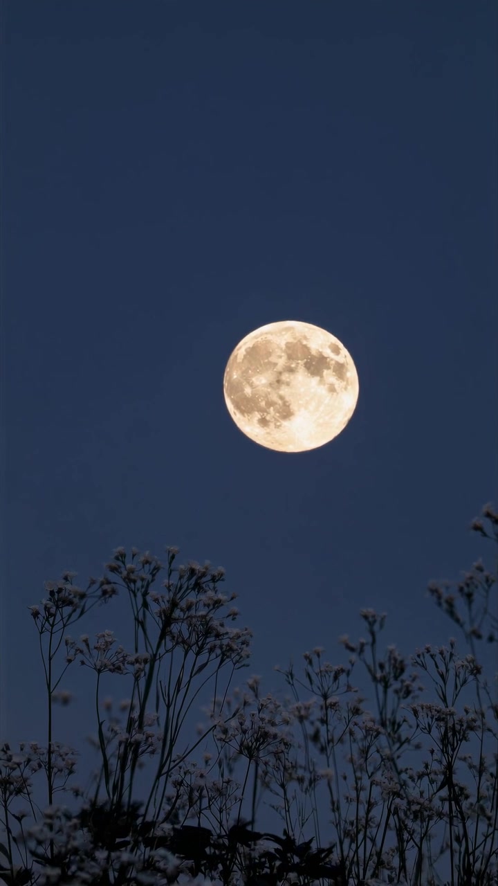 Lua Cheia Nascendo Sobre Flores Selvagens em Silhueta ao Crepúsculo