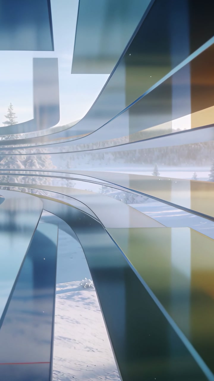 Vertical video: Camera moving forward, curved ribbons gliding past glass corridor, revealing trees