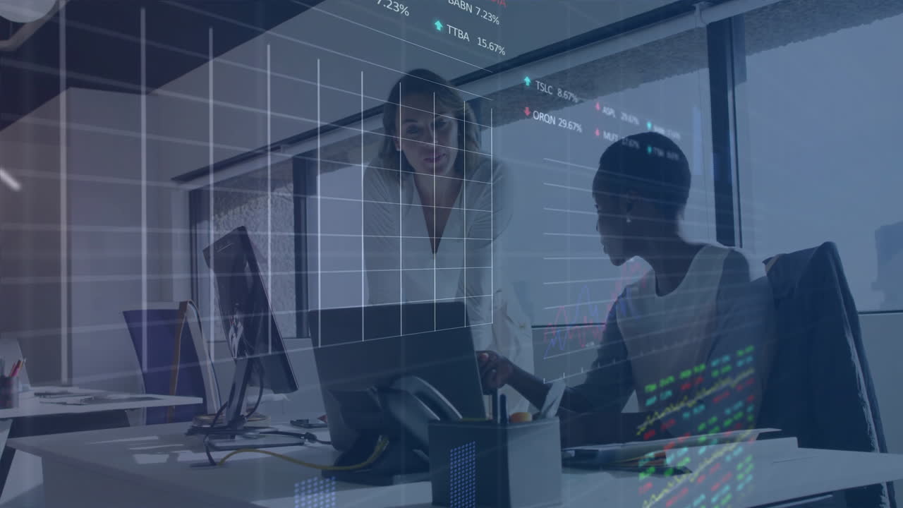 Animation of financial data processing over diverse business people in office