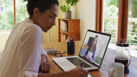 African-american-woman-taking-notes-while-having-video-call-with-female-colleague-on-laptop-at-home