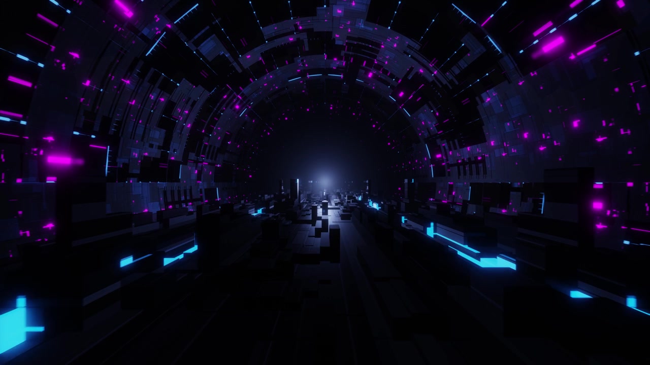 Tunnel Cibernetico Futuristico con Luci al Neon Blu e Rosa Luminose
