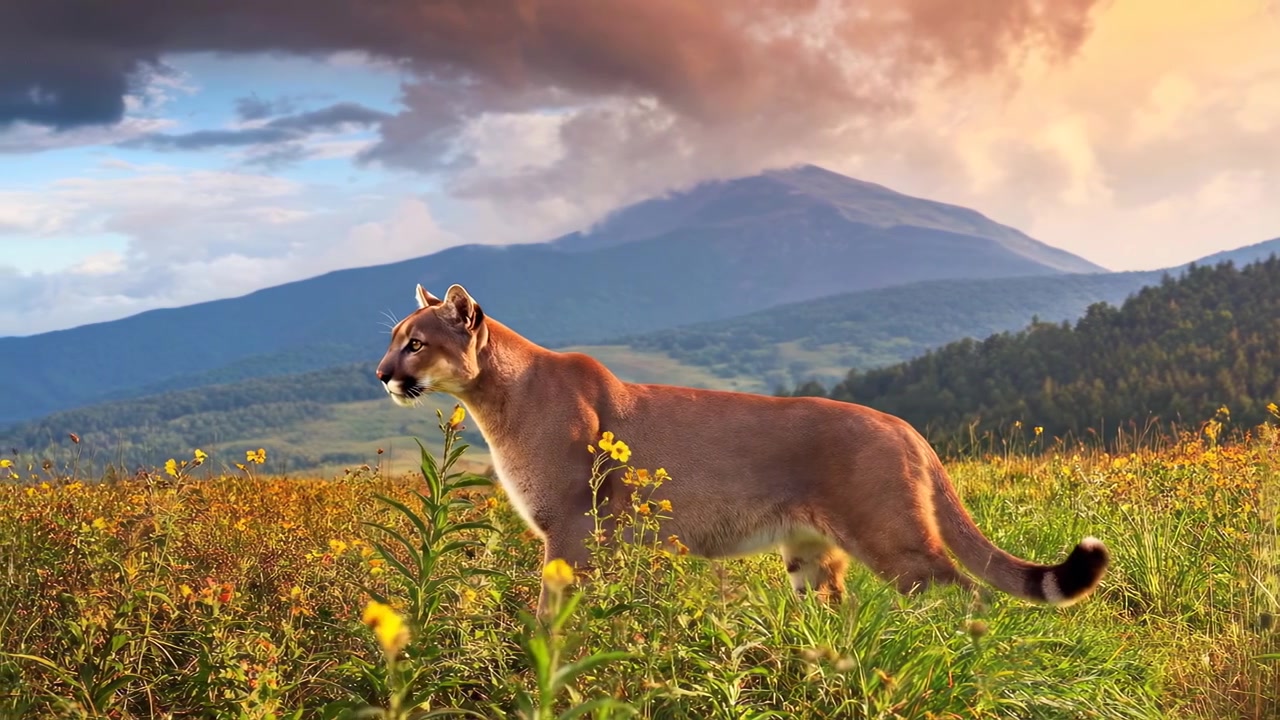 Puma caminando por un prado de flores silvestres al atardecer