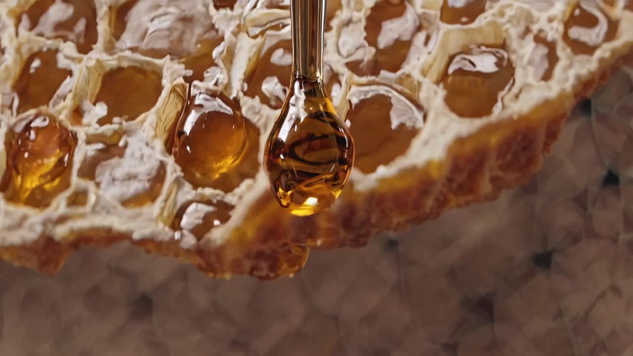 Video ravvicinato di miele che cola da un favo, ripreso da un angolo basso