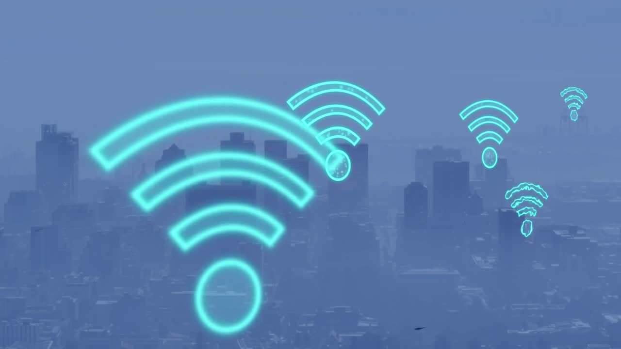 animación de iconos wifi digitales que vuelan sobre el paisaje urbano