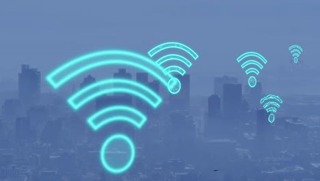 Animación-De-Iconos-Wifi-Digitales-Volando-Sobre-El-Paisaje-Urbano