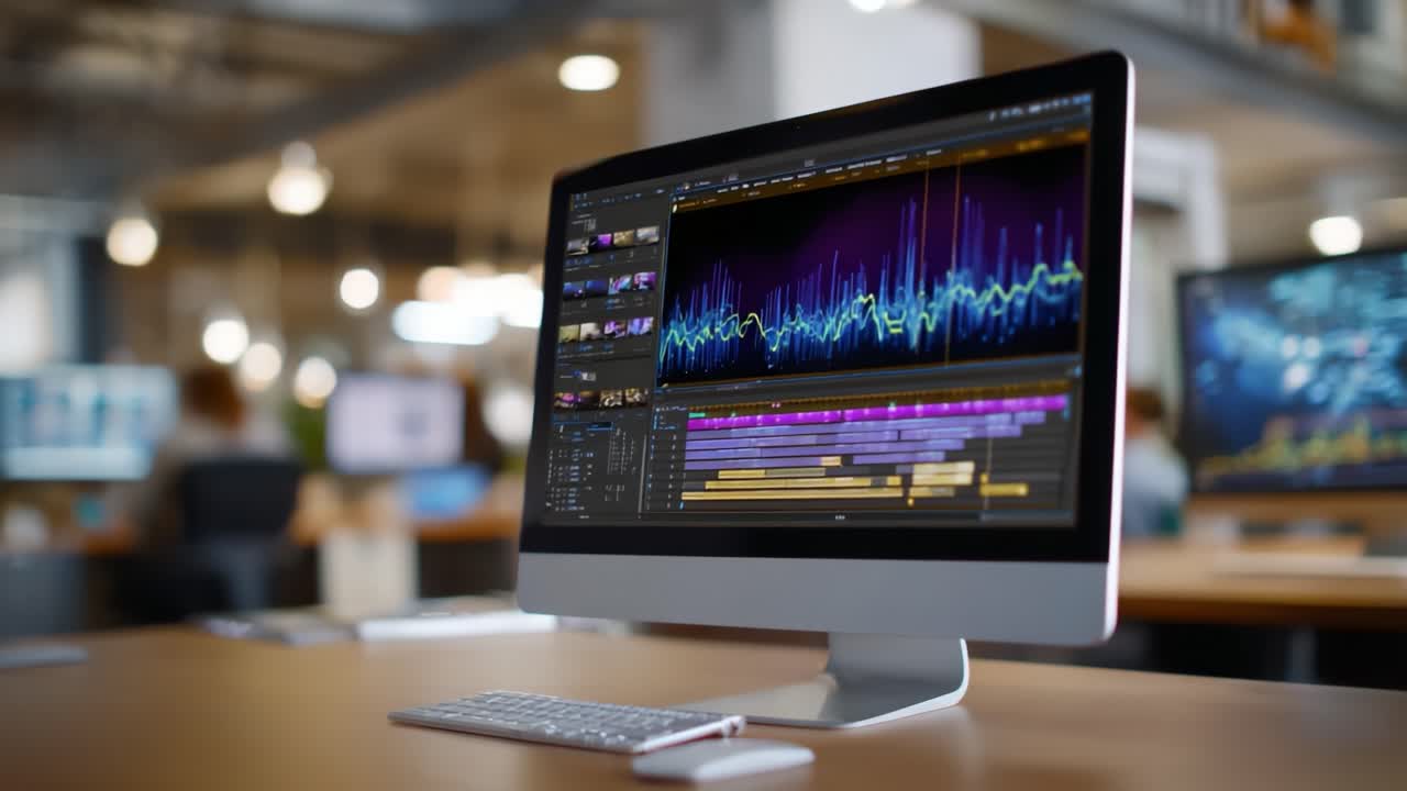 Un computer desktop moderno mostra l'interfaccia di un software avanzato di editor audio, con timeline e forme d'onda colorate in un ambiente di postazione di lavoro d'ufficio trafficato