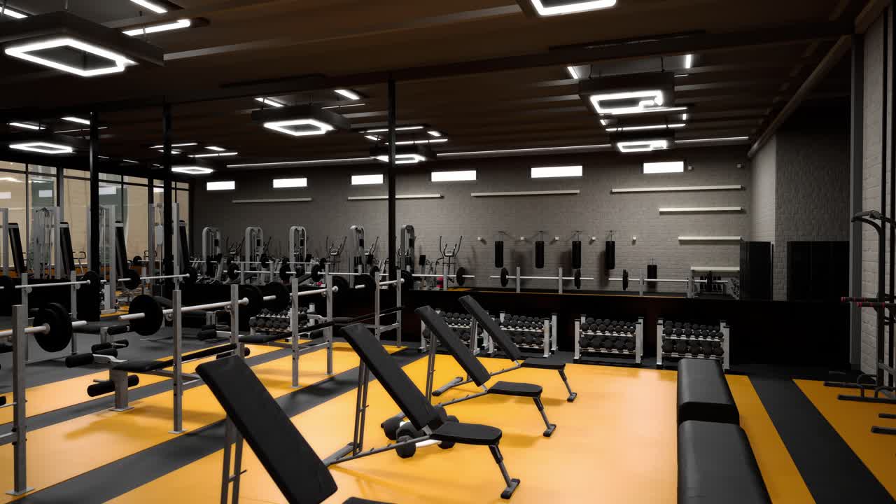 3d 렌더링 애니메이션으로 현대적인 체육관과 함께 인테리어 체육관의 영역. 현대적인 디자인과 함께 3d 시각화.