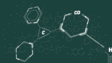 animation of chemical formula and data processing on green background