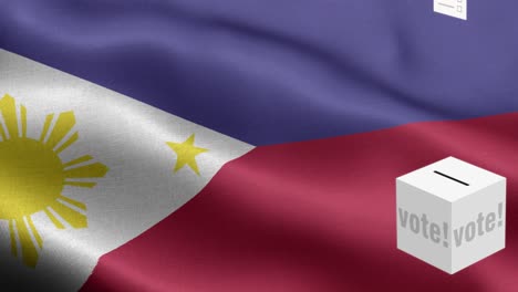 las papeletas de votación vuelan a la caja para la selección de filipinas - caja de votación frente a la bandera - elección - voto - bandera de las filipinas - bandera de filipinas de alto detalle - bandera nacional de filipinas patrón de ondas elementos bucleables - textura de tela y bucle sin fin