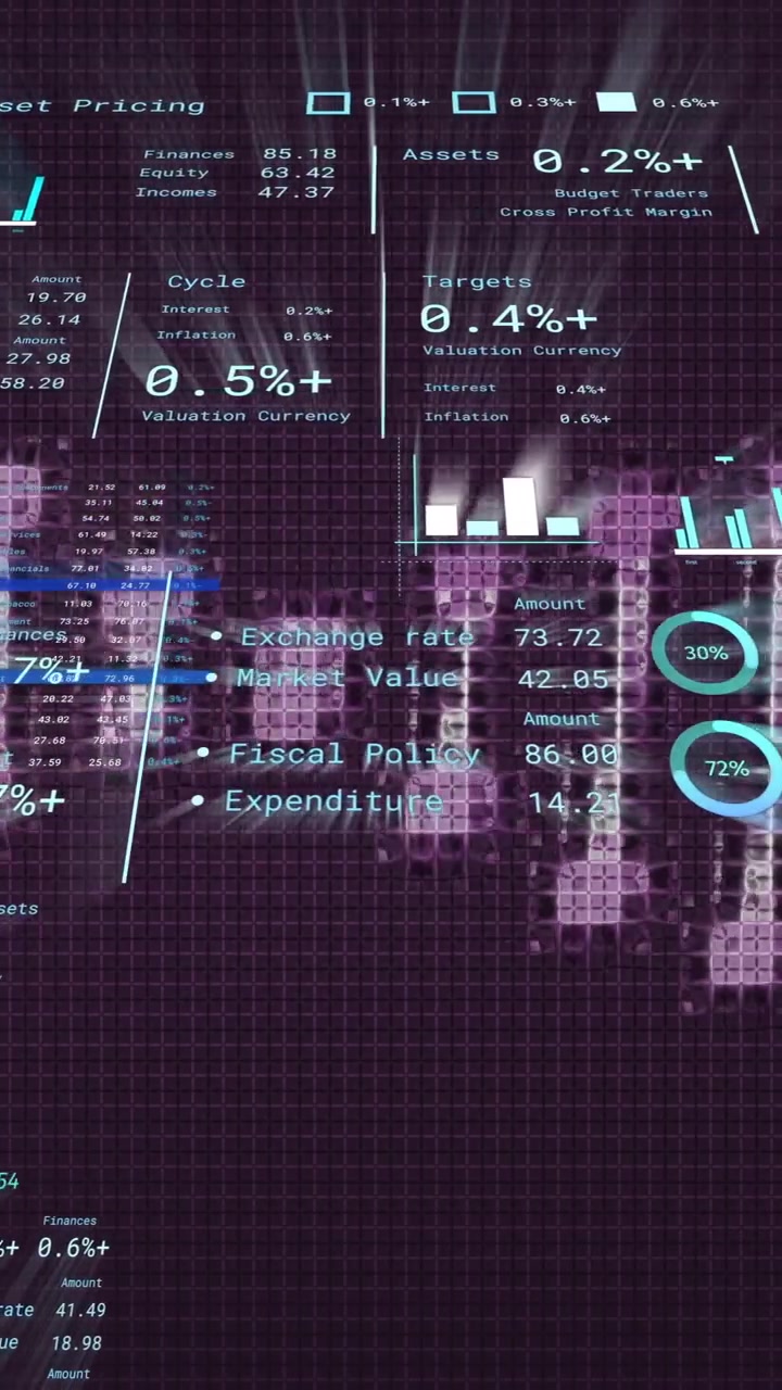 Animation of financial analytics with digital data and graphs on abstract grid background
