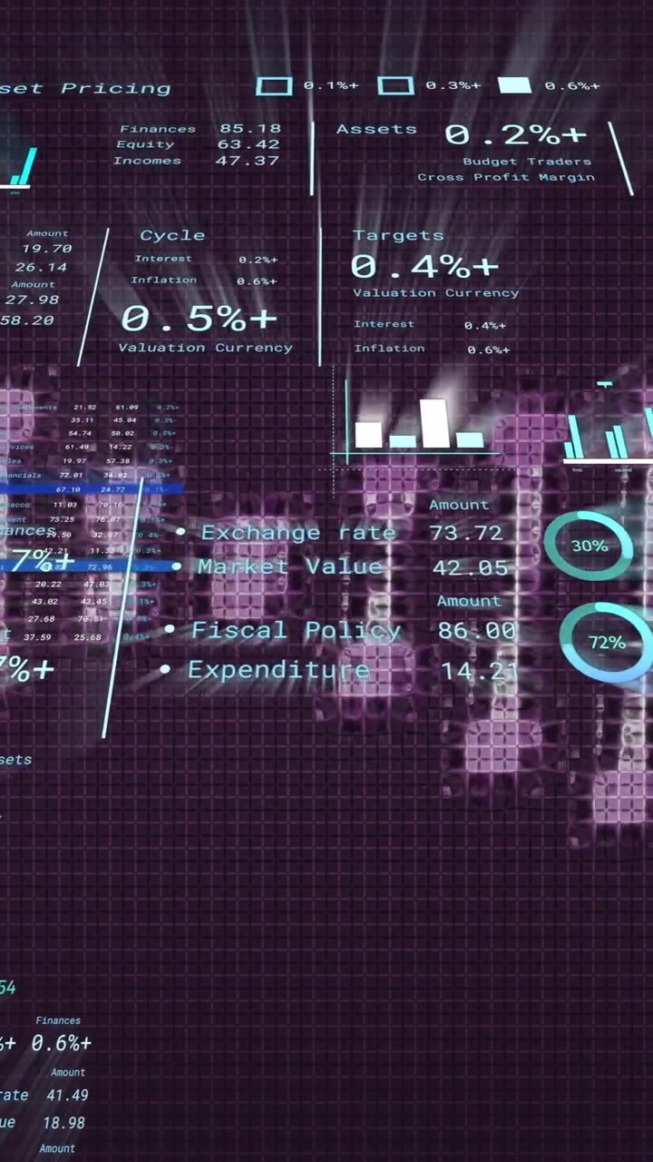 Animation of financial analytics with digital data and graphs on abstract grid background