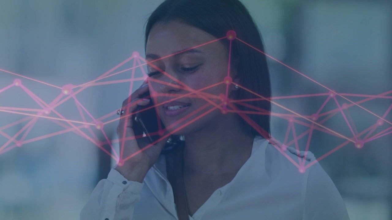 Office woman receiving call, moving phone to scrolling, magenta overlay tracking torso for business
