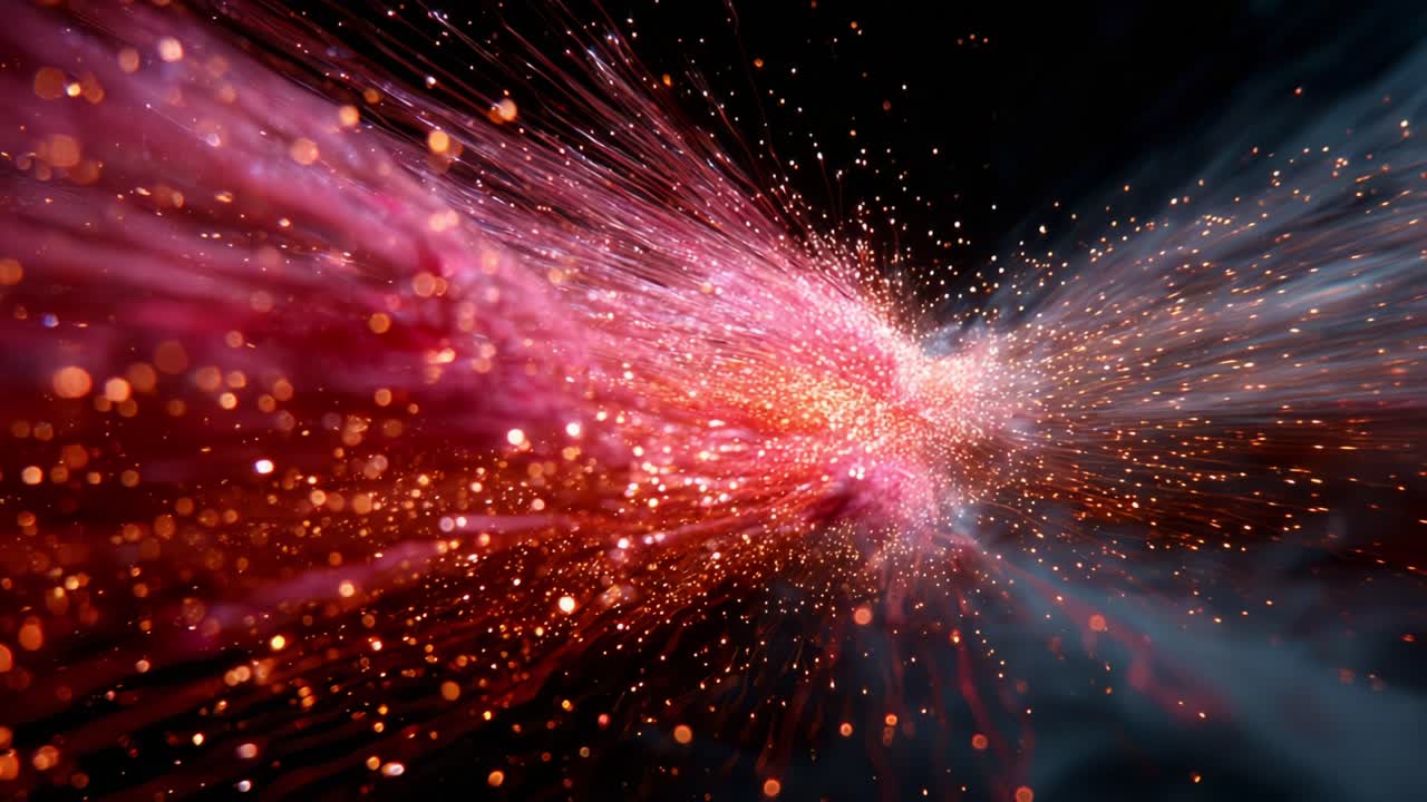 A mesmerizing visual explosion of vibrant particles, streamers, and glowing sparks illuminating the darkness with dynamic energy, evoking a sense of wonder and cosmic beauty