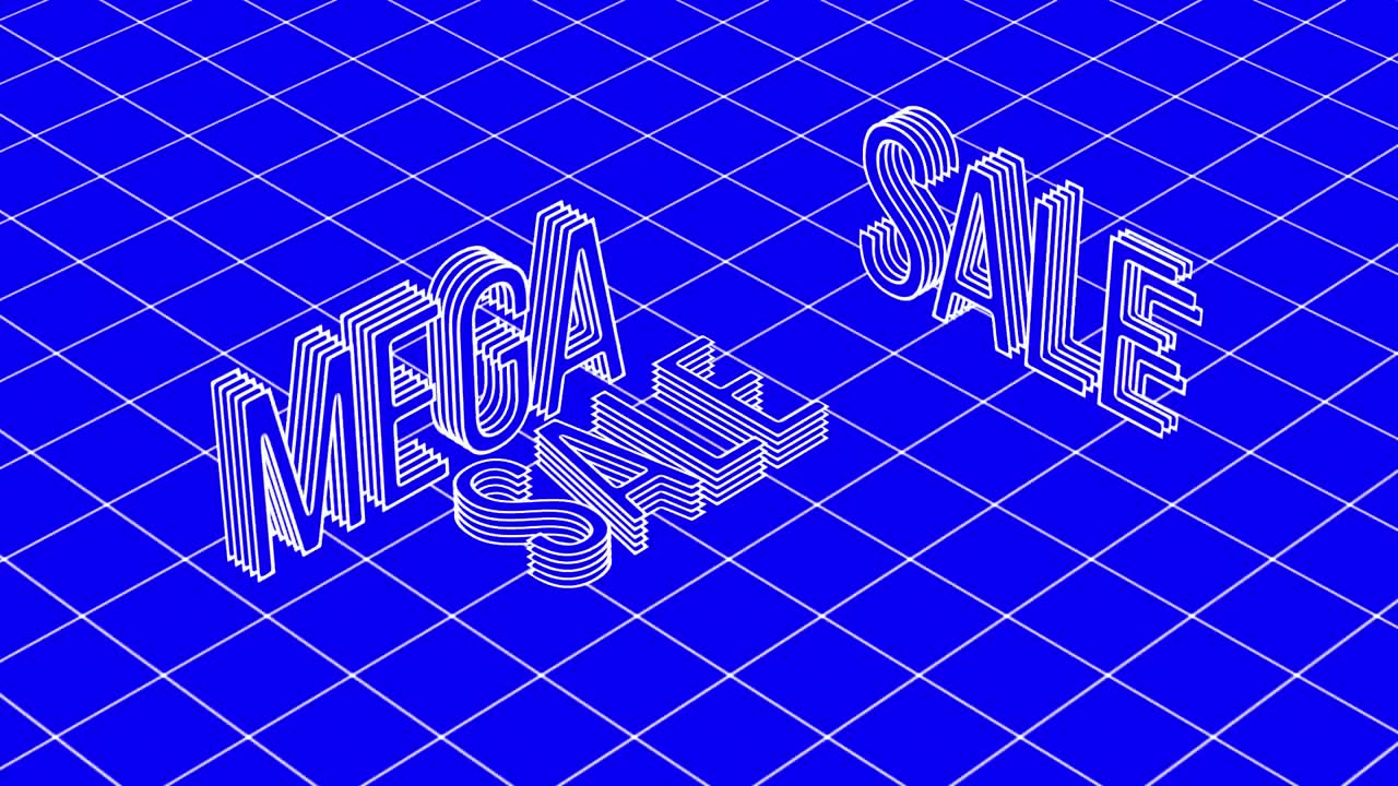 animación de mega venta en 3d texto de línea blanca con cuadrícula blanca sobre fondo azul