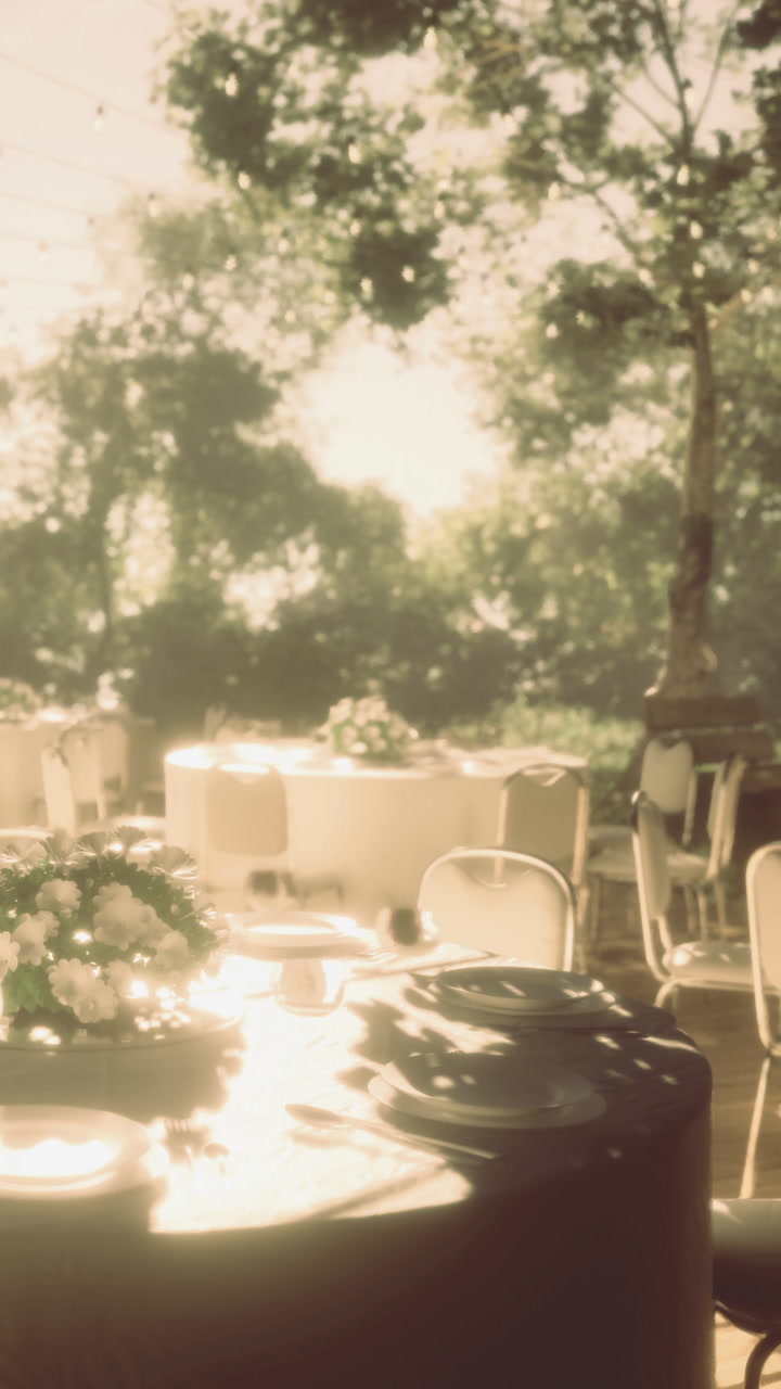 Table setup for outdoor event with flowers and chairs in nature setting