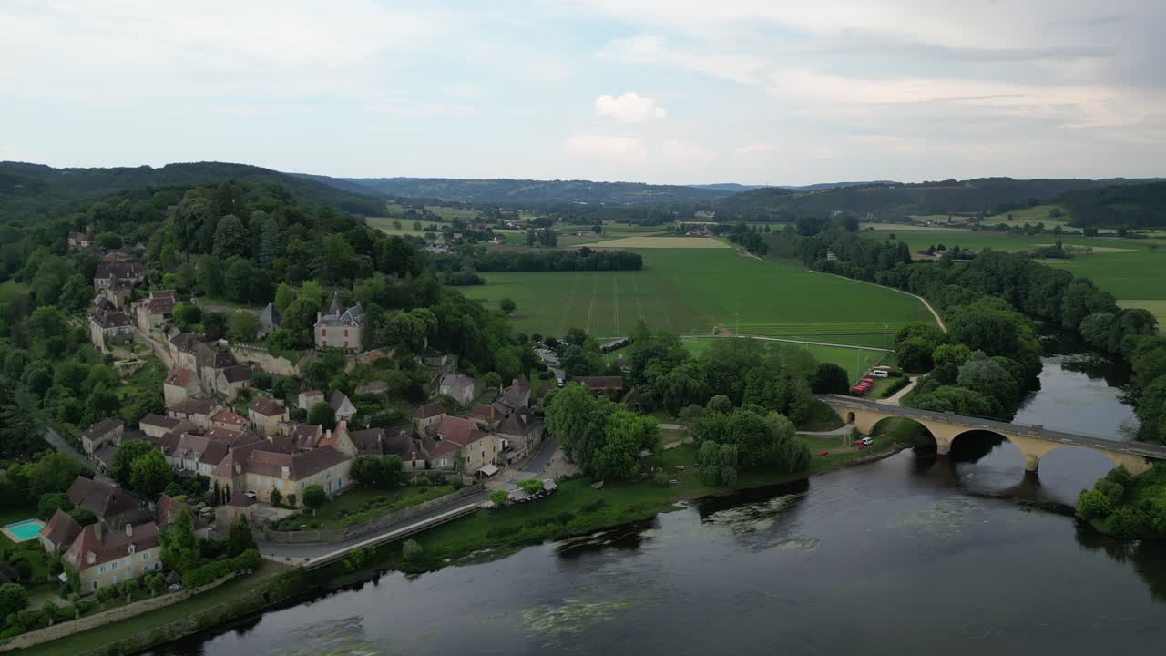 Limeuil village Dordogne France drone,aerial Limeuil is a charming village located at the confluence of the Dordogne and V&eacute;z&egrave;re rivers in the Nouvelle-Aquitaine region of southwestern France