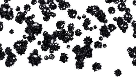 volando muchos virus en personaje de dibujos animados en fondo blanco. concepto médico. divertida mascota de virus negro con enojado. animación de bucle 3d.