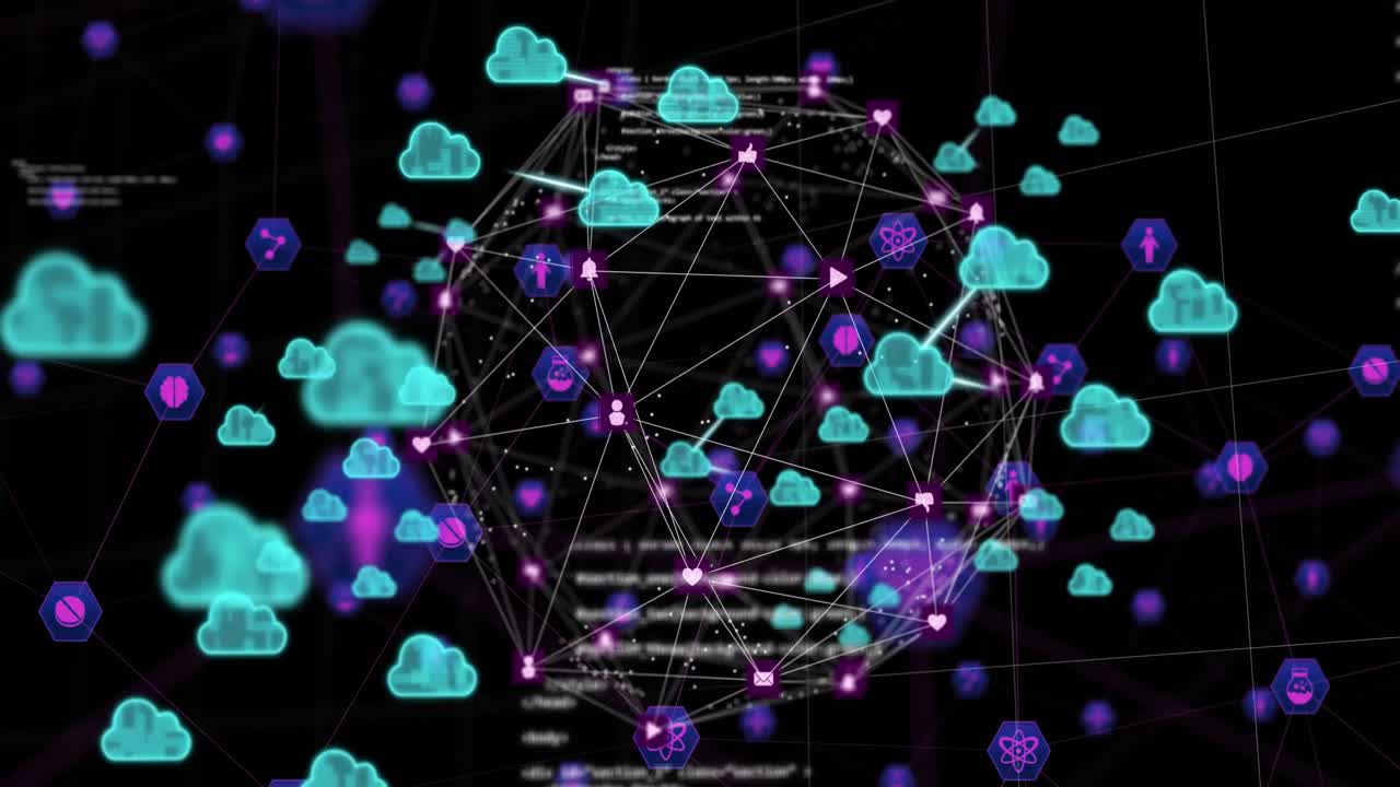 animación de iconos de nubes y procesamiento de datos en todo el mundo