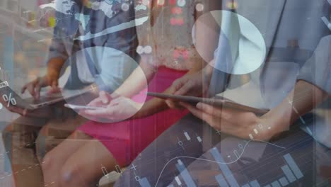 animation of financial data processing over people using electronic devices