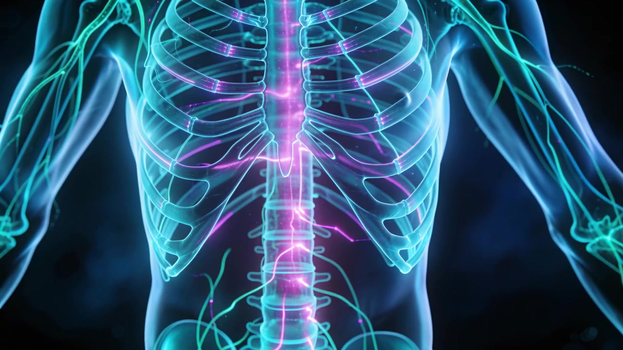 Animating clear torso pulsing magenta spine and teal nerves as camera recenters, showing rib cage