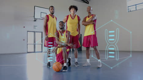 animation of dna strand and data processing over diverse basketball players on court