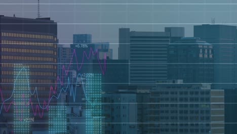 Animación-Del-Procesamiento-De-Datos-Estadísticos-A-Través-De-La-Red-Grid-Frente-A-La-Vista-Aérea-Del-Paisaje-Urbano.