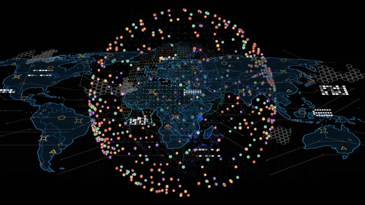 At start spherical data network expanding, map fading, links pulsing, rotating, visualizing data
