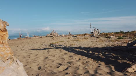 slow cinematic aerial drone footage of a fly through through a wooden driftwood tipi at a sandy beach at the seaside near alberese in the iconic maremma nature park in tuscany, italy with blue sky