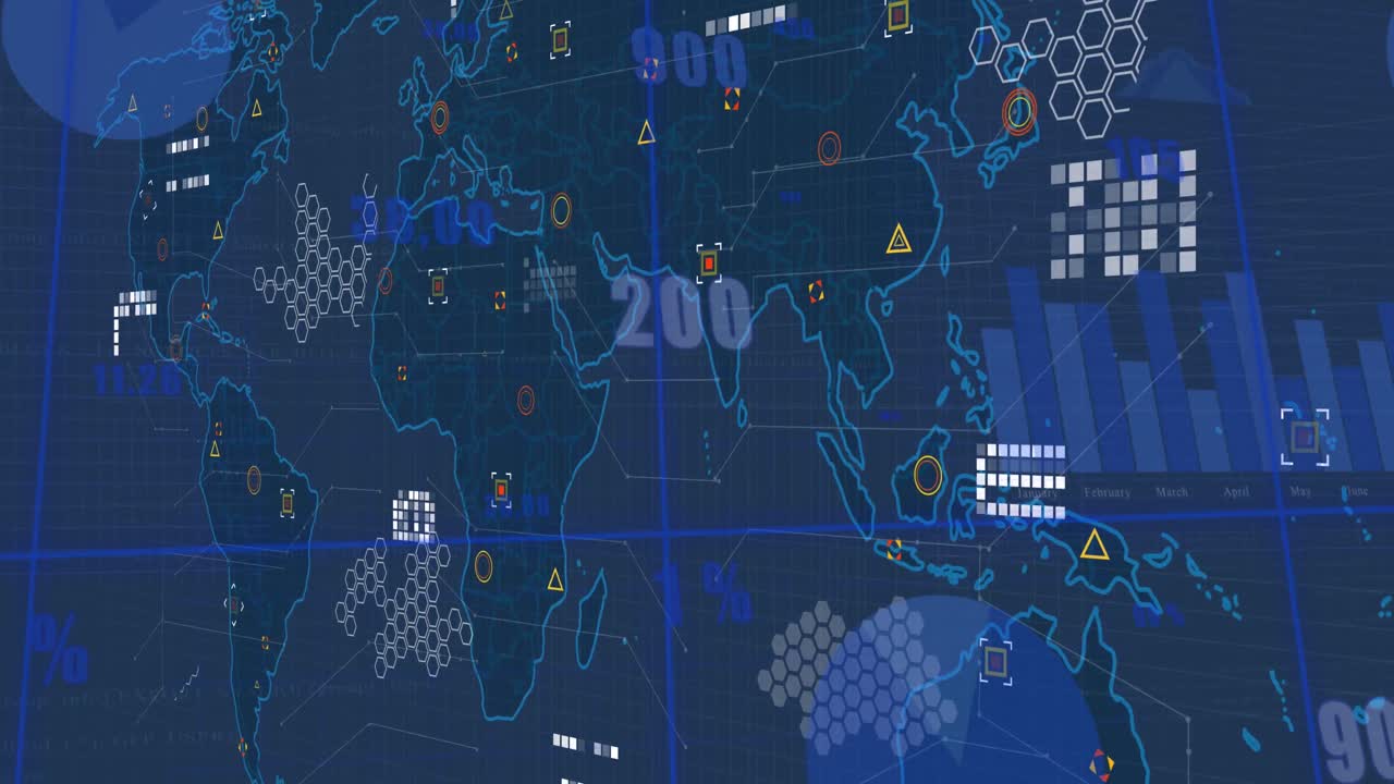 animación de estadísticas y procesamiento de datos financieros sobre el mapa del mundo