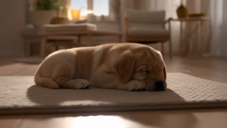 adorable labrador puppy resting and grooming indoors