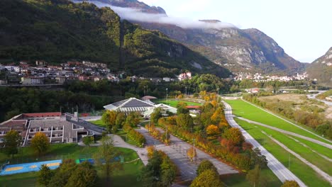 aerial view of a town in a mountain valley in autumn