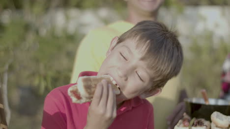 niño preadolescente feliz disfrutando de un perrito caliente en una fiesta de barbacoa