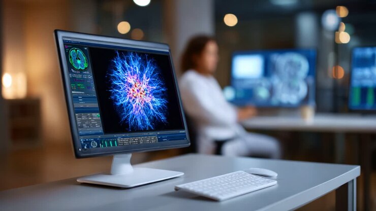 Højteknologisk medicinsk visualisering: Avanceret neuroimaging, der viser komplekse hjerneaktivitetsmønstre i et moderne forskningsmiljø