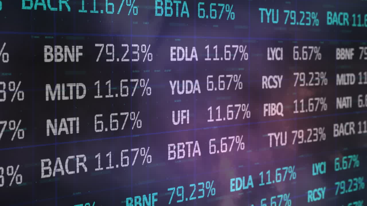 Animation of financial data processing over sky with clouds